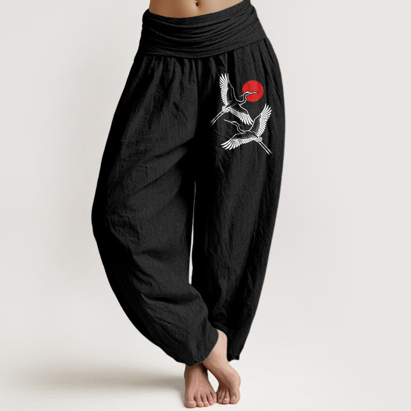 Buddha Stones Red Sun Cranes Pattern Women's Elastic Waist Harem Pure Cotton Pants - Black - US22,UK/AU26,EU54 (6XL) - image 0