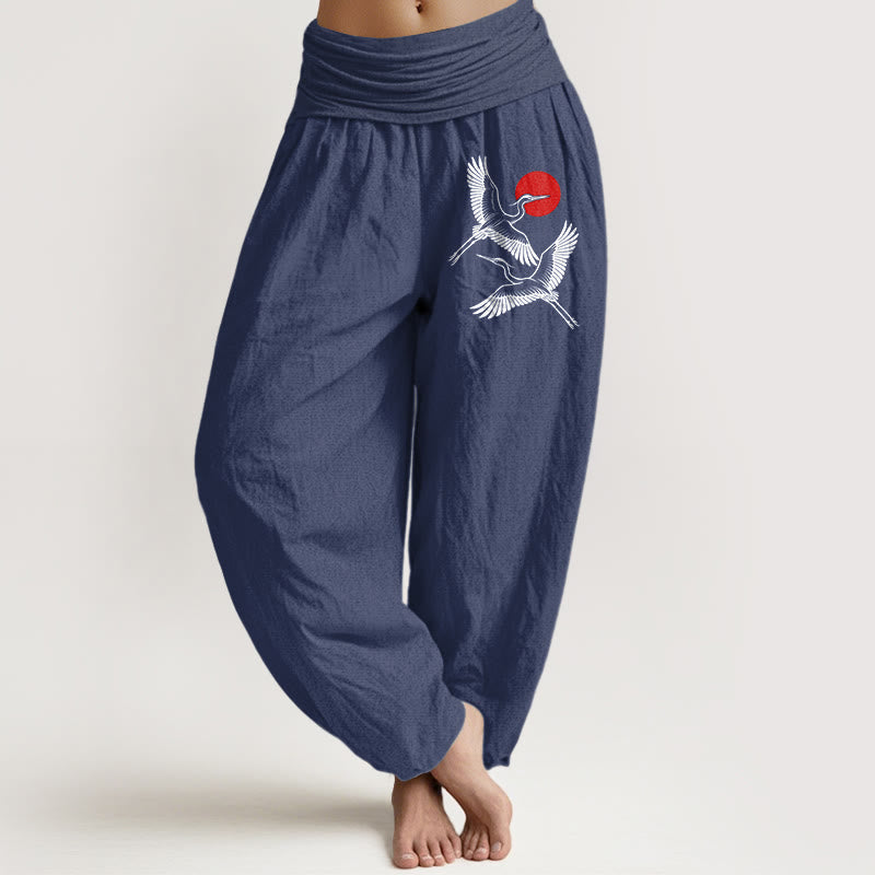 Buddha Stones Red Sun Cranes Pattern Women's Elastic Waist Harem Pure Cotton Pants - DarkSlateBlue - US22,UK/AU26,EU54 (6XL) - image 5