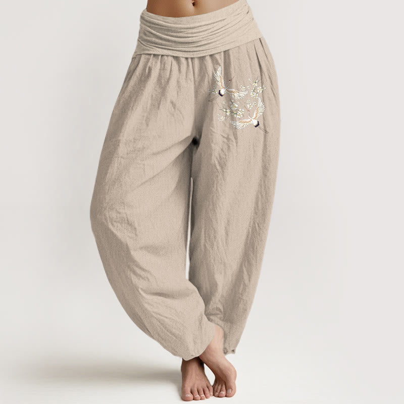 Buddha Stones Cranes Flowers Pattern Pure Cotton Women's Elastic Waist Harem Pants - Tan - US22,UK/AU26,EU54 (6XL) - image 11