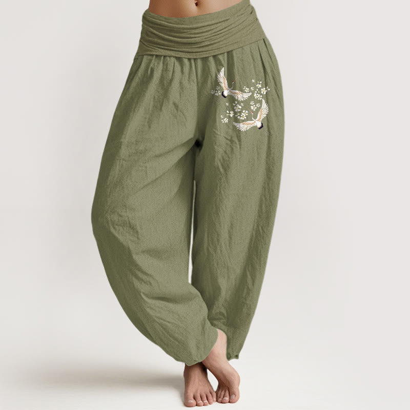 Buddha Stones Cranes Flowers Pattern Pure Cotton Women's Elastic Waist Harem Pants - OliveDrab - US22,UK/AU26,EU54 (6XL) - image 14
