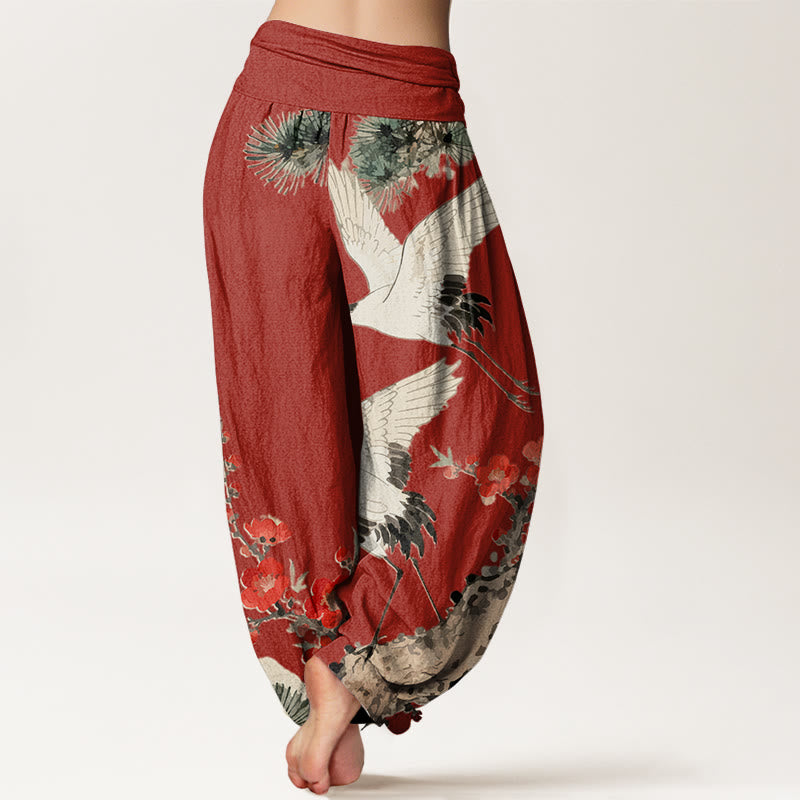 Buddha Stones Print Cranes Plum Blossoms Pattern Women's Elastic Waist Harem Cotton Pants - image 10