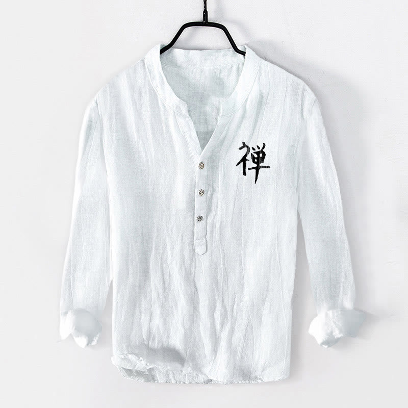 Buddha Stones Zen Character Pine Tree Sun Pattern Half Buttons Men's Cotton Linen Long Sleeve Shirt - image 7