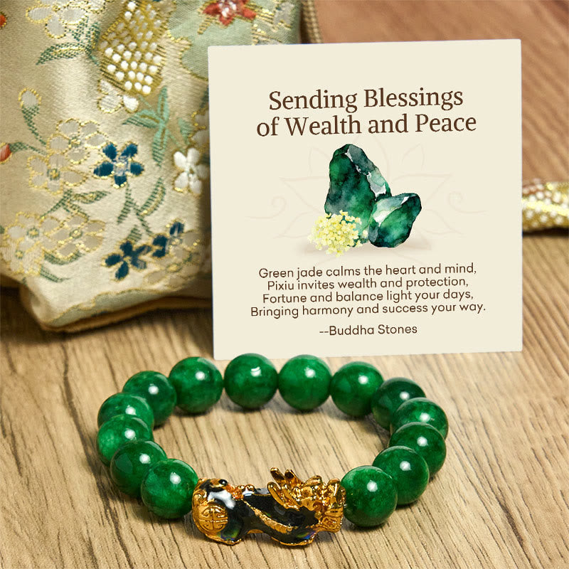 Buddha Stones "Sending Blessings of Wealth and Peace" PiXiu Jade Bracelet Includes Gift Message Card - image 12