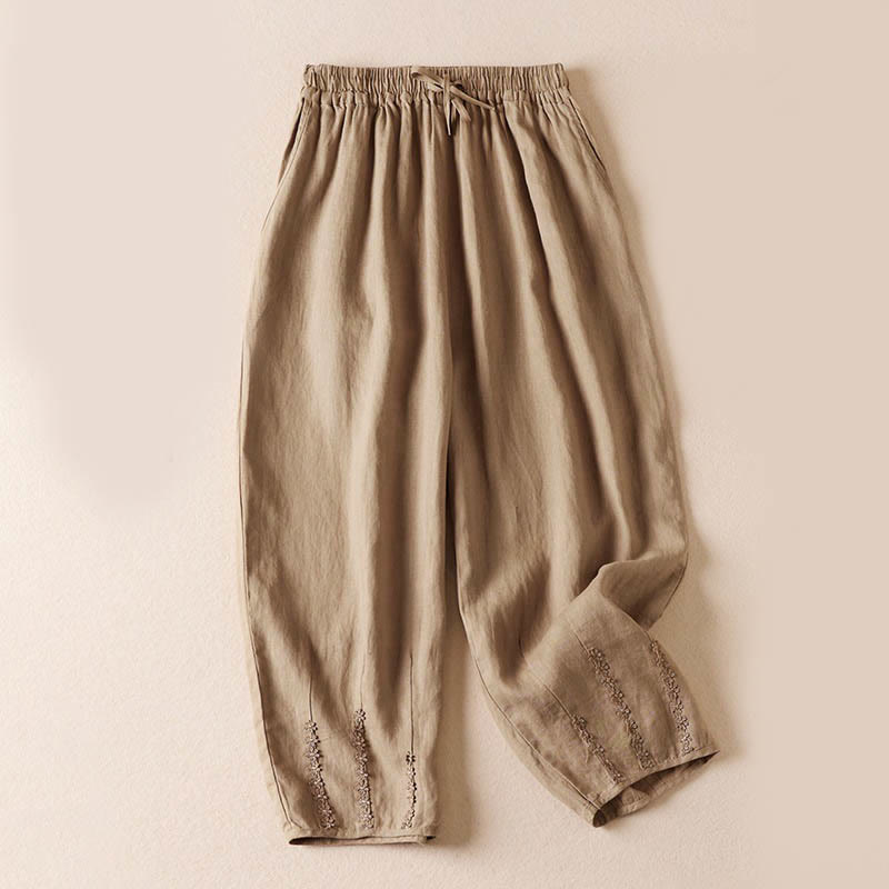Buddha Stones Summer Small Flower Embroidery Harem Pants With Pockets - Wheat - US8-10,UK/AU12-14,EU40-42 (2XL) - image 0
