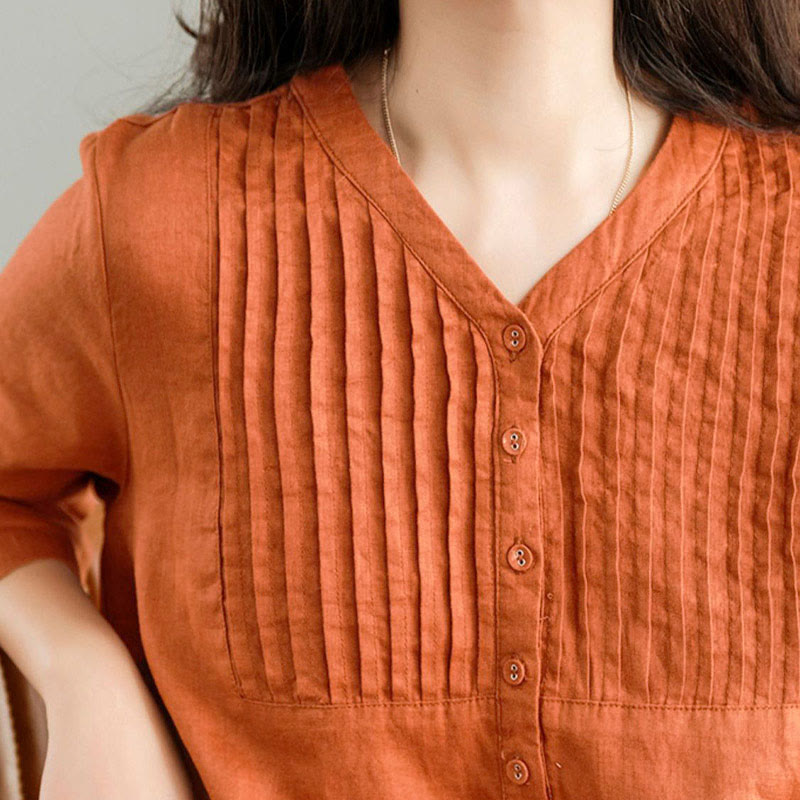 Buddha Stones Casual Plain Accordion Pleats V-neck Half Sleeve Design Midi Dress With Pockets - image 11