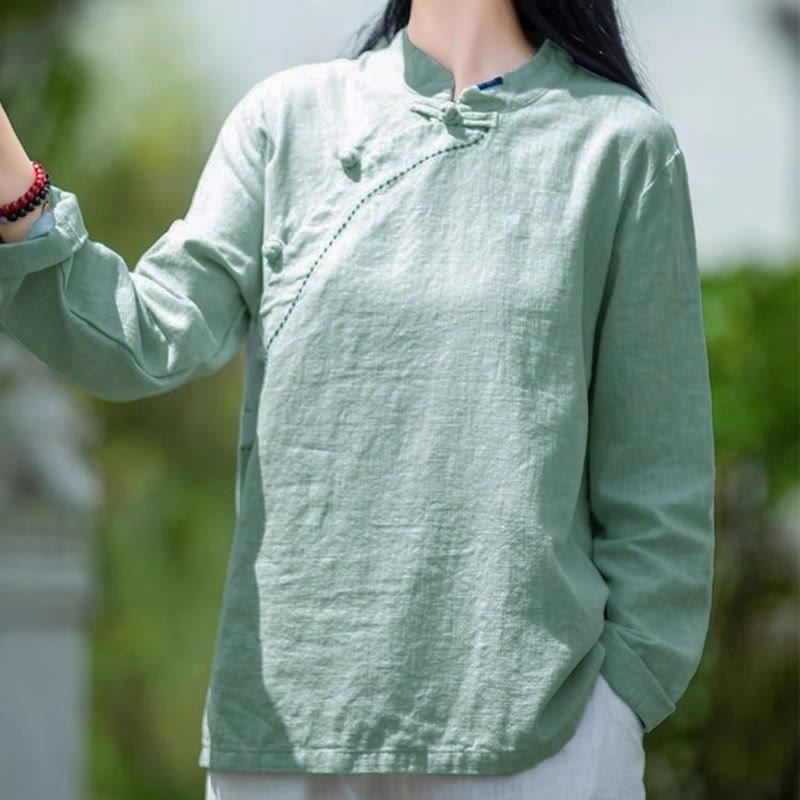 Buddha Stones Oblique Collar Knot button Loose Linen Clothing - image 4