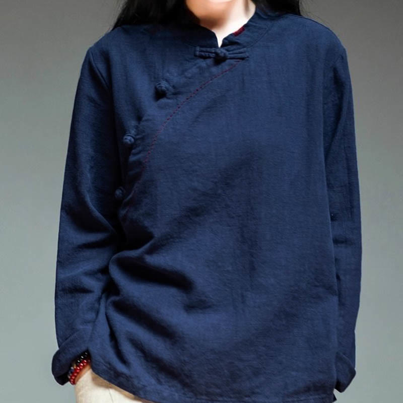 Buddha Stones Oblique Collar Knot button Loose Linen Clothing - image 13