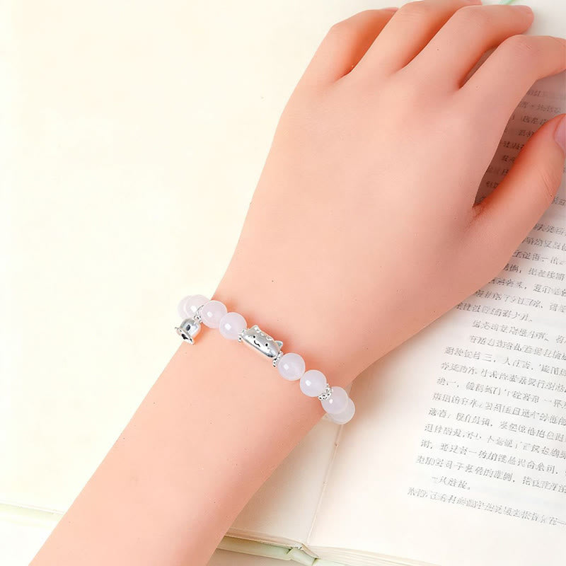 Buddha Stones 999 Sterling Silver Natural Cat Head White Cat's Eye White Agate Positive Bracelet - image 13
