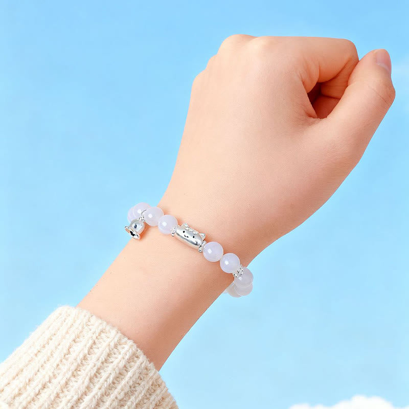 Buddha Stones 999 Sterling Silver Natural Cat Head White Cat's Eye White Agate Positive Bracelet - image 14