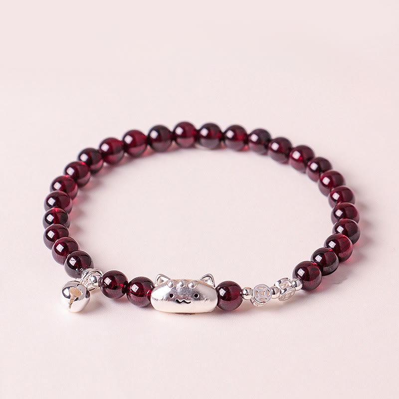 Buddha Stones 999 Sterling Silver Natural Cute Cat Head Garnet Protection Bead Bracelet - 6mm Garnet(Wrist Circumference:13-15cm) - image 13