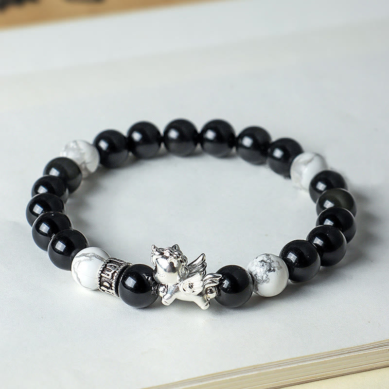 Buddha Stones 999 Sterling Silver Year Of The Horse Natural Black Obsidian Bodhi Seed Strength Bracelet - image 3