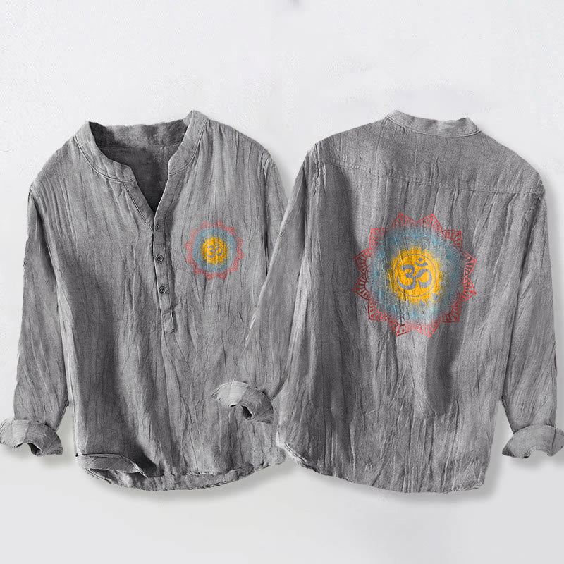 Buddha Stones Half Buttons Mandala Om Symbol Pattern Men's Cotton Linen Long Sleeve Shirt - Gray - US/UK/AU50,EU60 (5XL) - image 6