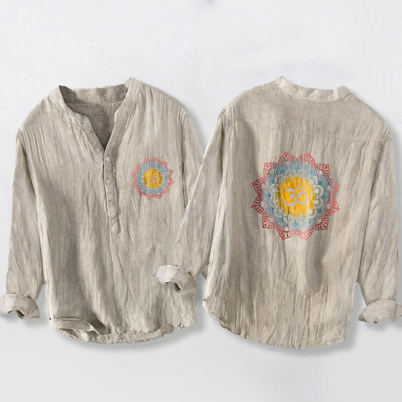 Buddha Stones Half Buttons Mandala Om Symbol Pattern Men's Cotton Linen Long Sleeve Shirt - Linen - US/UK/AU50,EU60 (5XL) - image 3