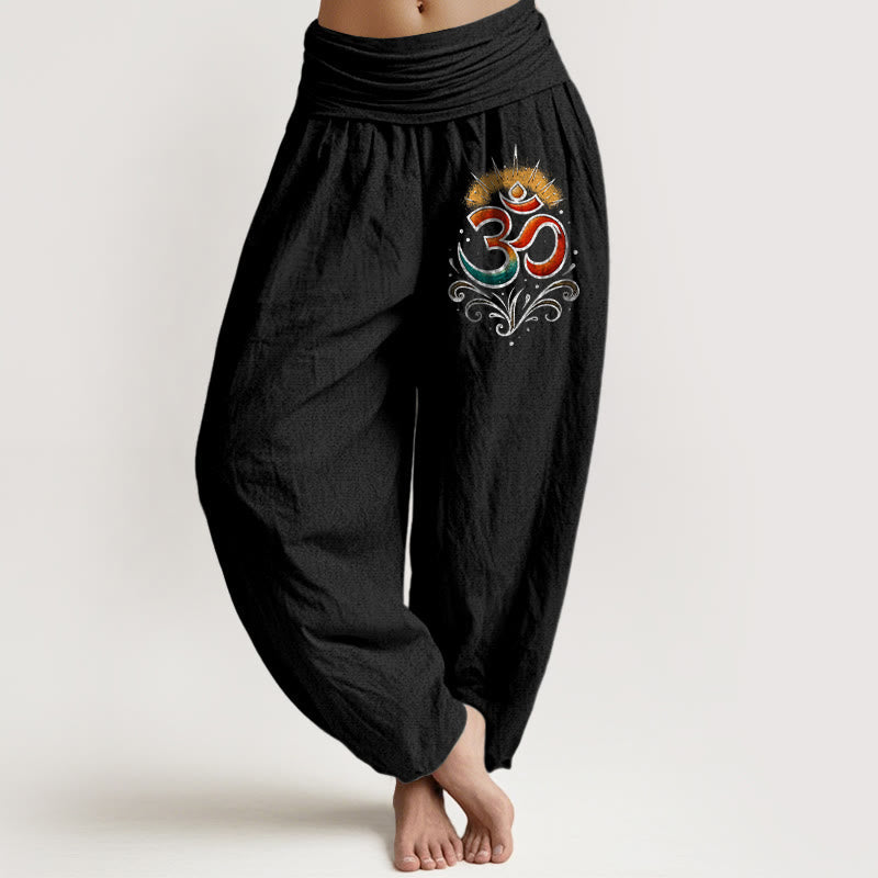 Buddha Stones Om Symbol Light Pattern Women's Elastic Waist Harem Cotton Pants - Black - US22,UK/AU26,EU54 (6XL) - image 5