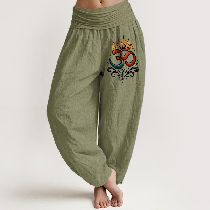 Buddha Stones Om Symbol Light Pattern Women's Elastic Waist Harem Cotton Pants - OliveDrab - US22,UK/AU26,EU54 (6XL) - image 14