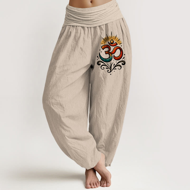 Buddha Stones Om Symbol Light Pattern Women's Elastic Waist Harem Cotton Pants - Tan - US22,UK/AU26,EU54 (6XL) - image 0