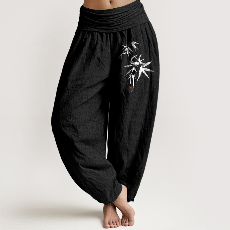 Buddha Stones Pure Cotton Bamboo Zen Pattern Women's Elastic Waist Harem Pants - Black - US22,UK/AU26,EU54 (6XL) - image 5