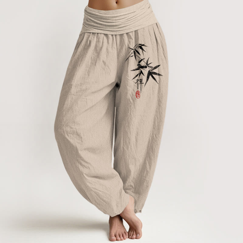 Buddha Stones Pure Cotton Bamboo Zen Pattern Women's Elastic Waist Harem Pants - Tan - US22,UK/AU26,EU54 (6XL) - image 0