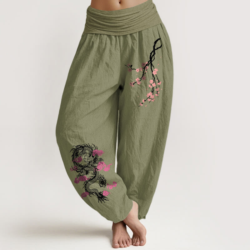 Buddha Stones Dragon Auspicious Clouds Flower Pattern Women's Elastic Waist Harem Cotton Pants - OliveDrab - US22,UK/AU26,EU54 (6XL) - image 14