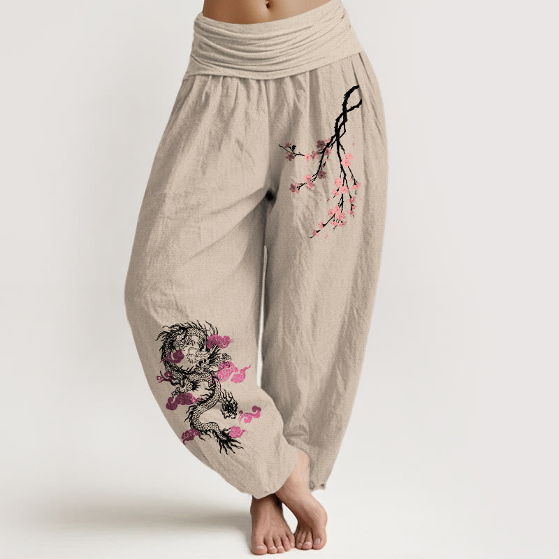 Buddha Stones Dragon Auspicious Clouds Flower Pattern Women's Elastic Waist Harem Cotton Pants - Tan - US22,UK/AU26,EU54 (6XL) - image 11