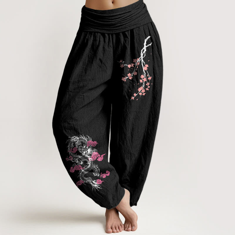 Buddha Stones Dragon Auspicious Clouds Flower Pattern Women's Elastic Waist Harem Cotton Pants - Black - US22,UK/AU26,EU54 (6XL) - image 0
