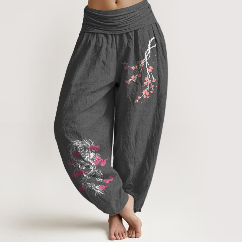 Buddha Stones Dragon Auspicious Clouds Flower Pattern Women's Elastic Waist Harem Cotton Pants - DimGray - US22,UK/AU26,EU54 (6XL) - image 8