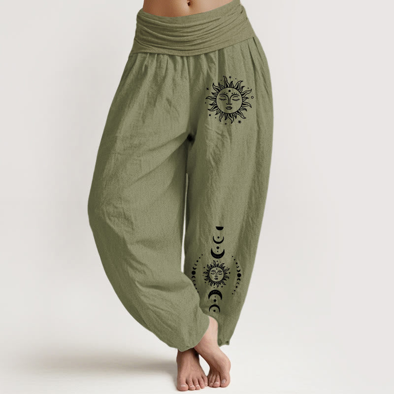 Buddha Stones Sun Moon Stars Pattern Women's Elastic Waist Harem Pure Cotton Pants - OliveDrab - US22,UK/AU26,EU54 (6XL) - image 14
