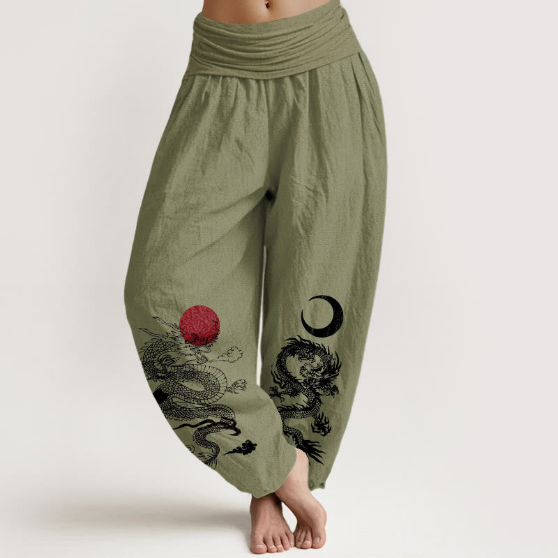 Buddha Stones Pure Cotton Dragon Sun Moon Pattern Women's Elastic Waist Harem Pants - OliveDrab - US22,UK/AU26,EU54 (6XL) - image 14