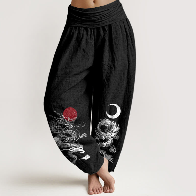 Buddha Stones Pure Cotton Dragon Sun Moon Pattern Women's Elastic Waist Harem Pants - Black - US22,UK/AU26,EU54 (6XL) - image 0