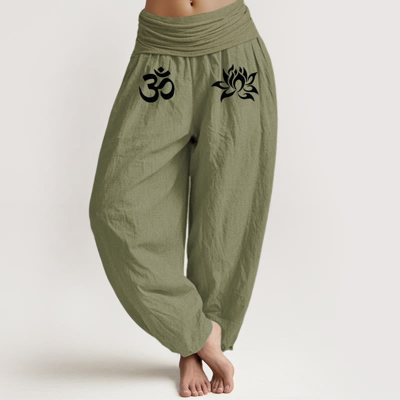 Buddha Stones Solid Color Pure Cotton Lotus Om Symbol Pattern Women's Elastic Waist Harem Pants - OliveDrab - US22,UK/AU26,EU54 (6XL) - image 14