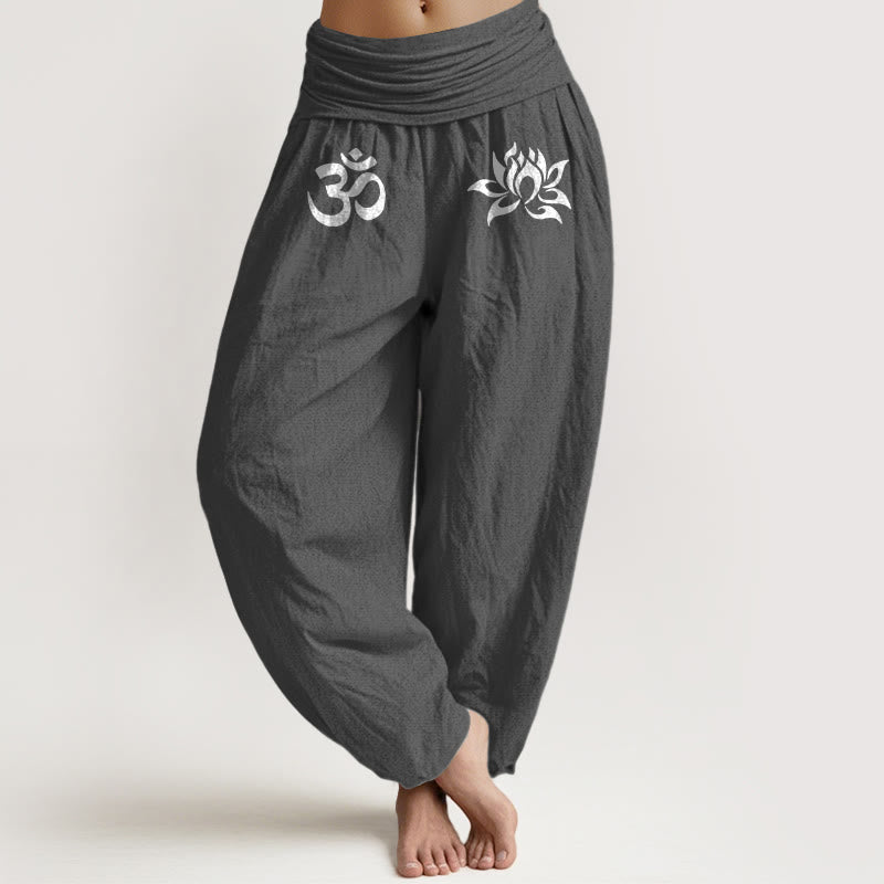 Buddha Stones Solid Color Pure Cotton Lotus Om Symbol Pattern Women's Elastic Waist Harem Pants - DimGray - US22,UK/AU26,EU54 (6XL) - image 0