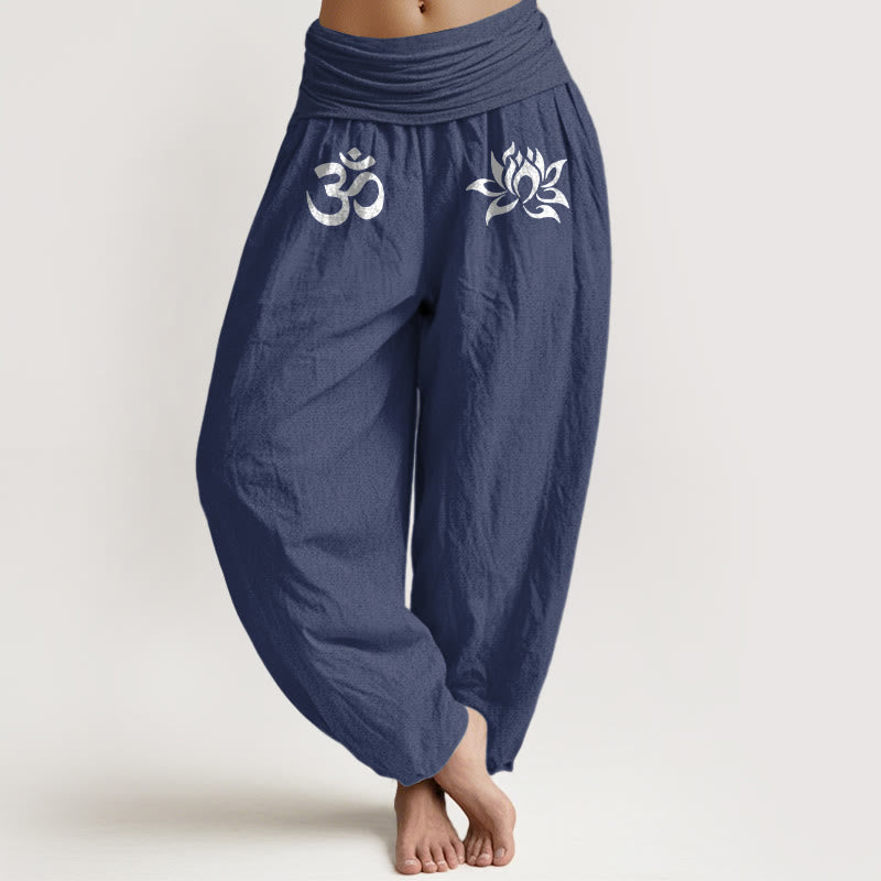 Buddha Stones Solid Color Pure Cotton Lotus Om Symbol Pattern Women's Elastic Waist Harem Pants - DarkSlateBlue - US22,UK/AU26,EU54 (6XL) - image 8