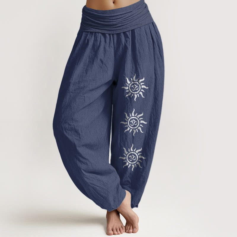 Buddha Stones Solid Color Pure Cotton Sun Om Symbol Pattern Women's Elastic Waist Harem Pants - DarkSlateBlue - US22,UK/AU26,EU54 (6XL) - image 8