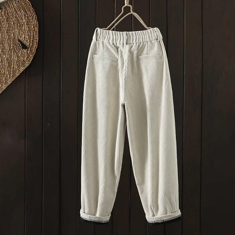 Buddha Stones Women's Winter Plain Corduroy High Waist Fleece-Lined Harem Pants With Pockets - image 1