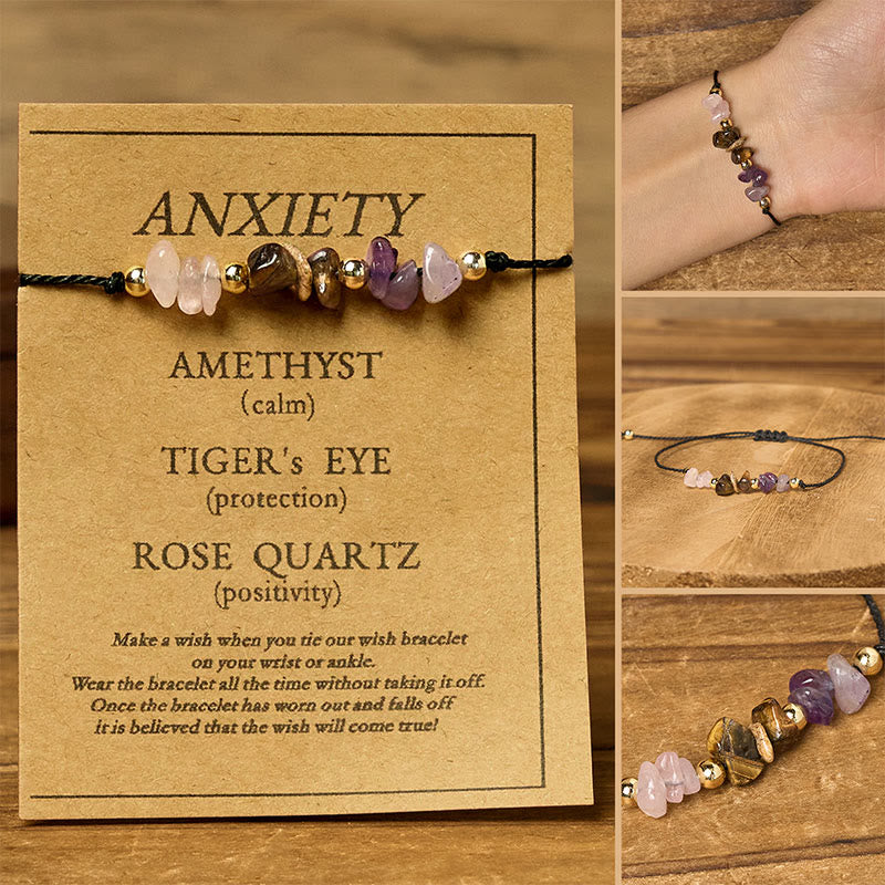 Buddha Stones Amethyst Tiger Eye Rose Quartz Protection Anti-Anxiety Card Rope Bracelet - Irregular Beads (Wrist Circumference: 14-23cm) - image 0