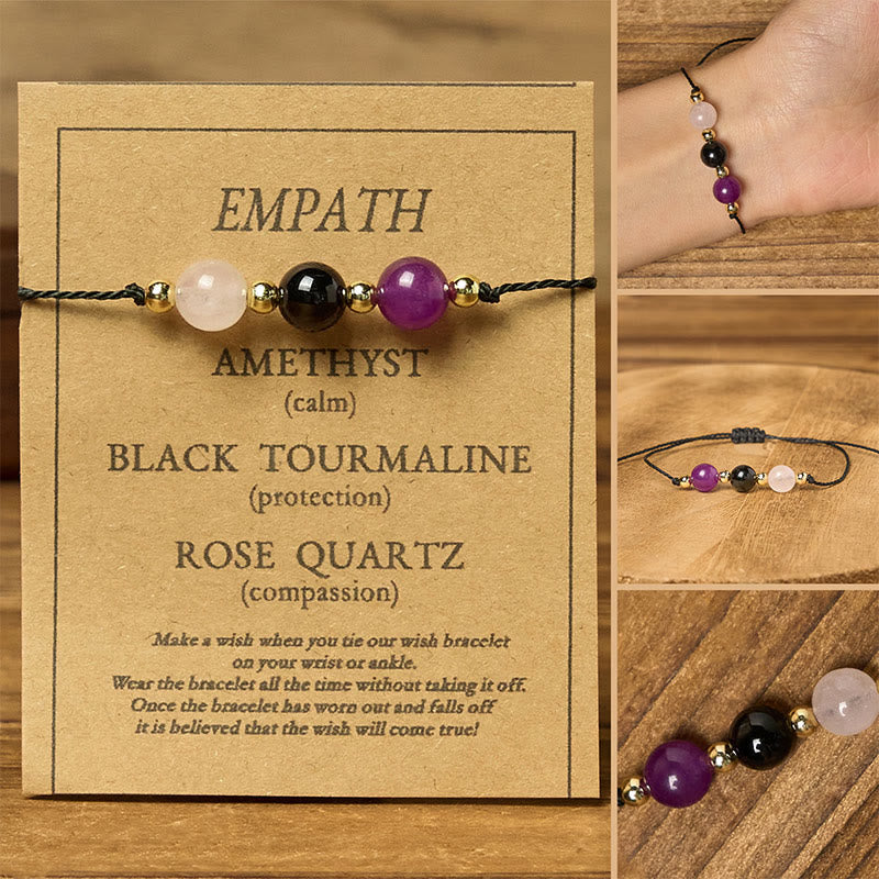 Buddha Stones Amethyst Black Tourmaline Rose Quartz Empath Card Rope Bracelet - Round Beads(Wrist Circumference: 14-23cm) - image 10