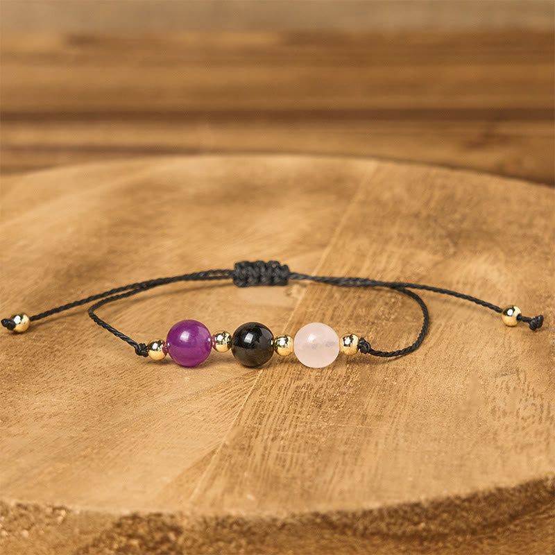 Buddha Stones Amethyst Black Tourmaline Rose Quartz Empath Card Rope Bracelet - image 13