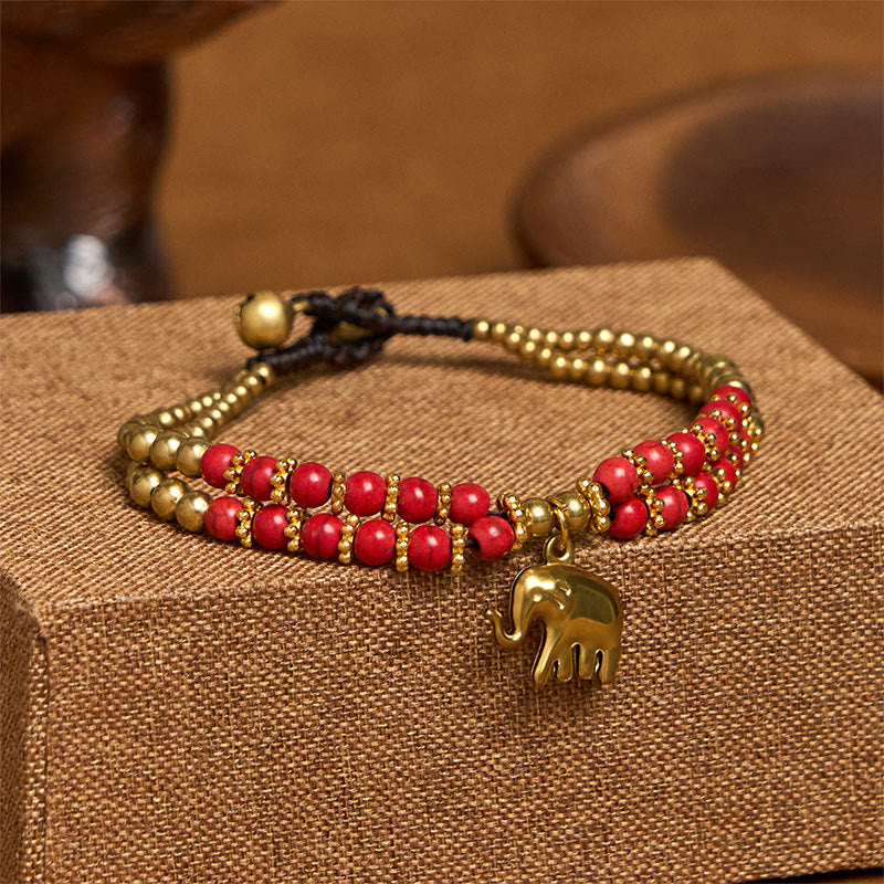 Buddha Stones Turquoise Elephant Luck Double-layer Plated Copper Strength Bracelet - Red Turquoise(Wrist Circumference: 15-18cm) - image 8