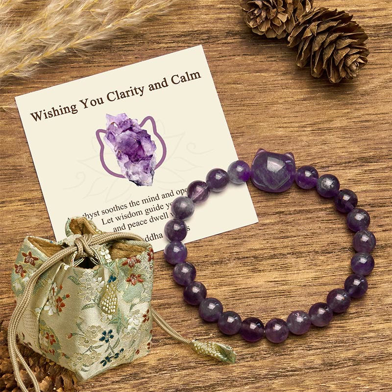 Buddha Stones "Wishing You Clarity and Calm" Cute Cat Amethyst Bracelet Includes Gift Message Card - Amethyst(Wrist Circumference 15-20cm) - Deluxe Gift Bag (+$12.59) - image 7