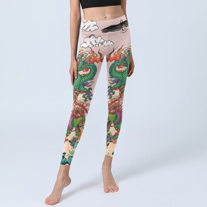 Buddha Stones Dragon Rose Eagle Waves Auspicious Clouds Pattern Gym Leggings Women's Yoga Pants - image 5