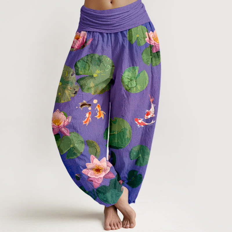 Buddha Stones Print Koi Fish Lotus Flowers Pattern Women's Elastic Waist Harem Pure Cotton Pants - DarkViolet - US16,UK/AU20,EU48 (3XL) - image 8