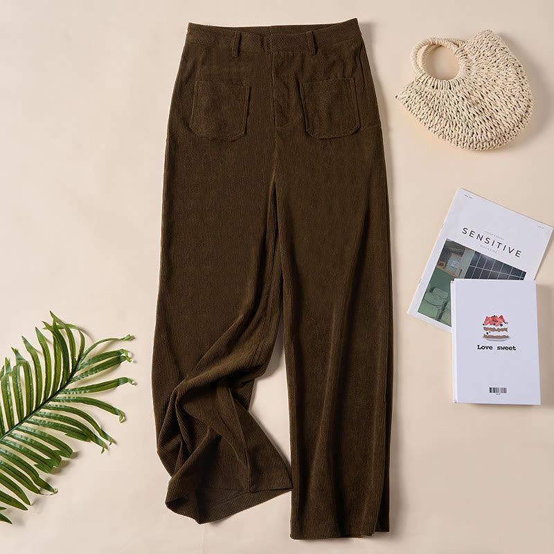 Buddha Stones Plain Corduroy Polyester Women's Buttons Wide Leg Pants With Pockets - SaddleBrown - US14,UK/AU18,EU46 (2XL) - image 0