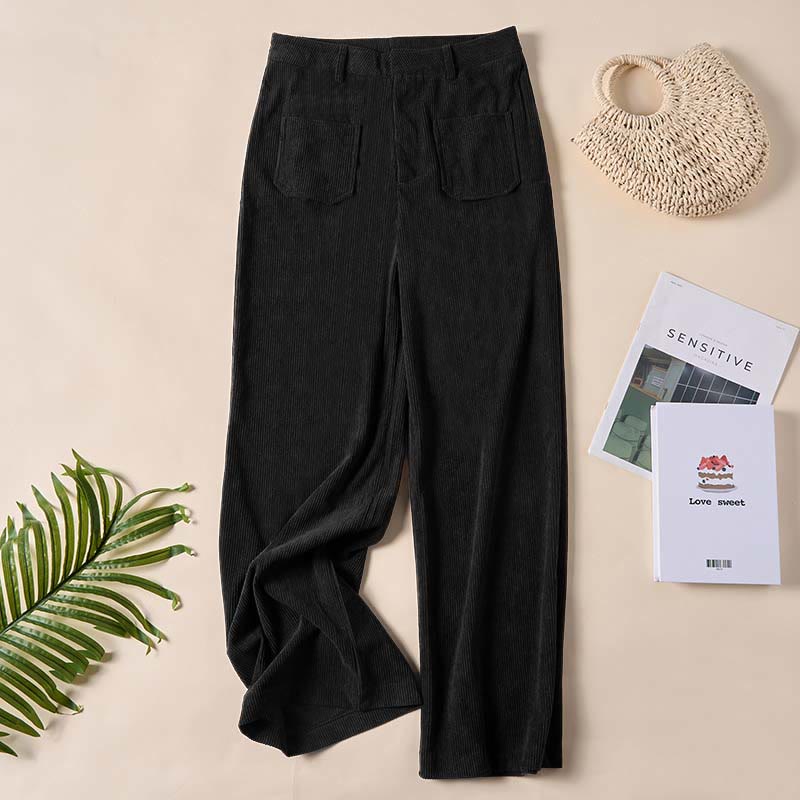 Buddha Stones Plain Corduroy Polyester Women's Buttons Wide Leg Pants With Pockets - Black - US14,UK/AU18,EU46 (2XL) - image 21