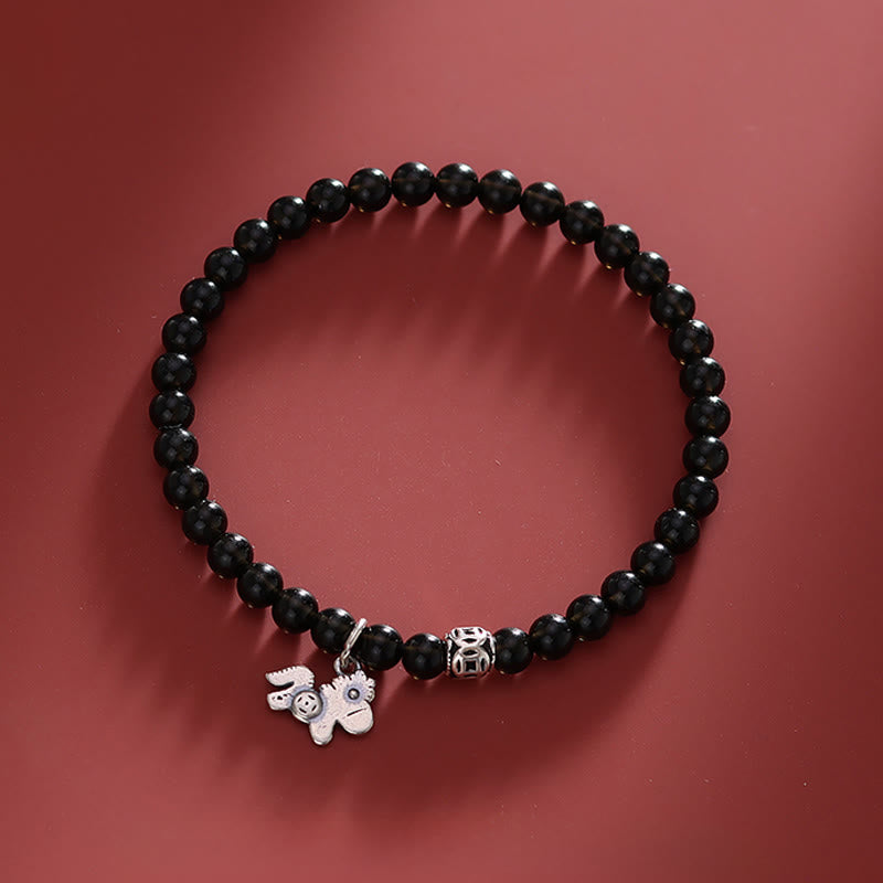 Buddha Stones Year Of The Horse 925 Sterling Silver Natural Black Obsidian Strength Bracelet - image 8
