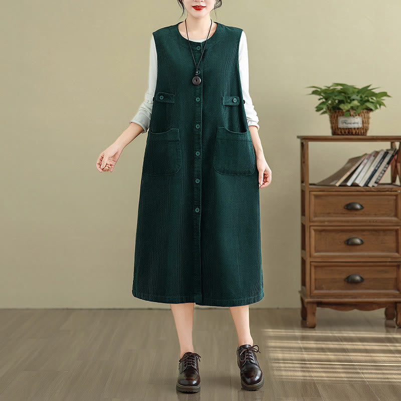 Buddha Stones Pure Colo Buttons Sleeveless Midi Dress With Pockets - DarkGreen - US8-10,UK/AU12-14,EU40-42 (2XL) - image 6