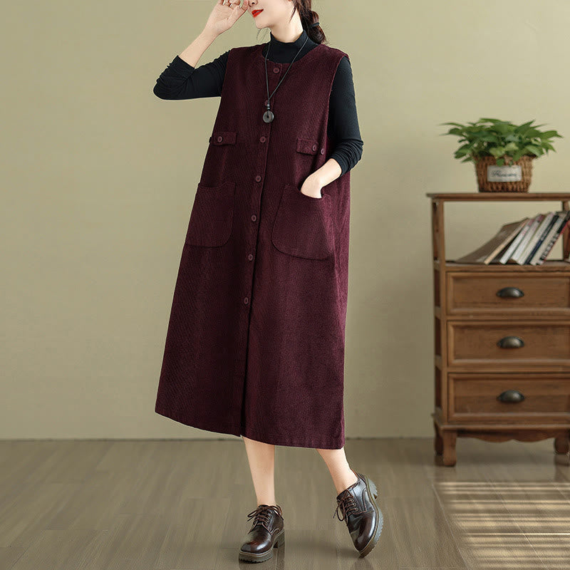Buddha Stones Pure Colo Buttons Sleeveless Midi Dress With Pockets - DarkRed - US8-10,UK/AU12-14,EU40-42 (2XL) - image 14