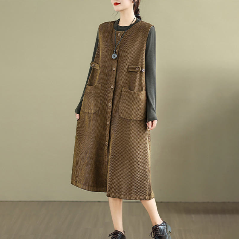 Buddha Stones Pure Colo Buttons Sleeveless Midi Dress With Pockets - image 1