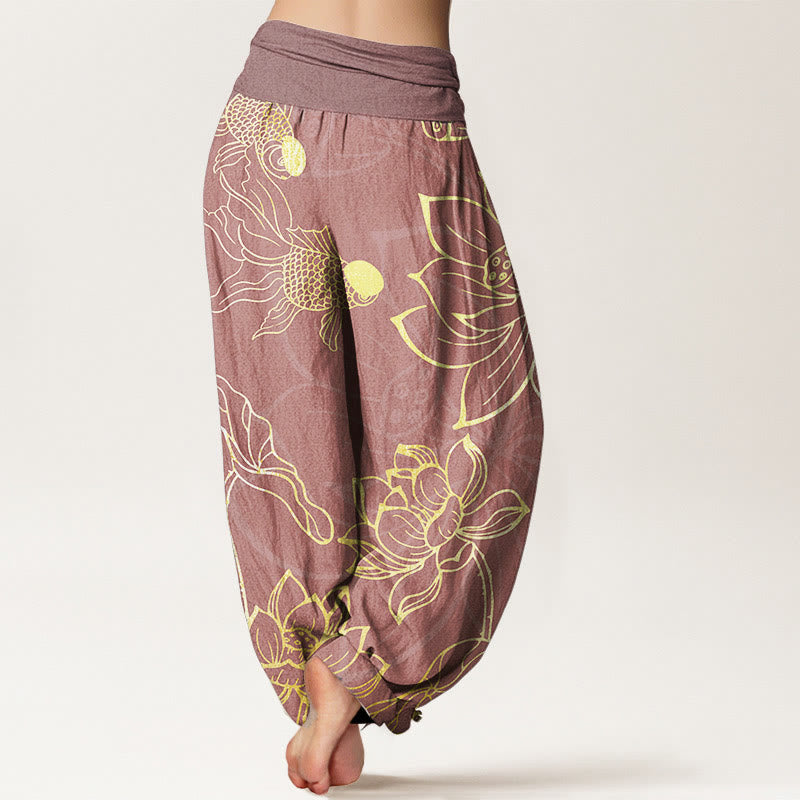 Buddha Stones Pure Cotton Lotus Leaf Koi Fish Women's Elastic Waist Harem Pants - image 15