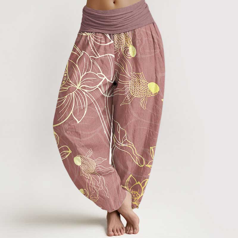 Buddha Stones Pure Cotton Lotus Leaf Koi Fish Women's Elastic Waist Harem Pants - PaleVioletRed - US22,UK/AU26,EU54 (6XL) - image 14