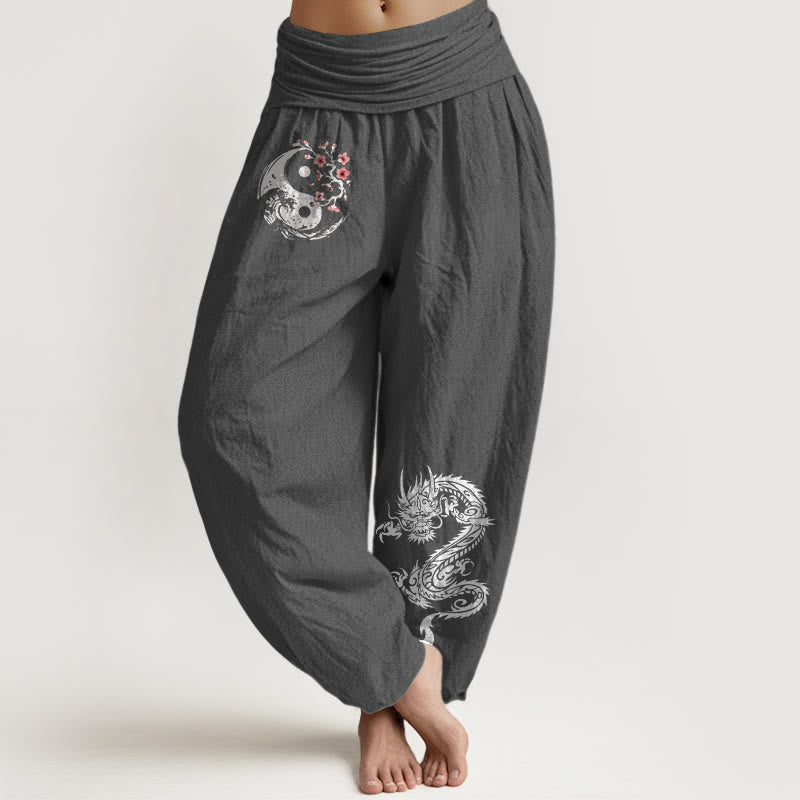 Buddha Stones Dragon Yin Yang Waves Flower Pattern Pure Cotton Women's Elastic Waist Harem Pants - DimGray - US16,UK/AU20,EU48 (3XL) - image 8